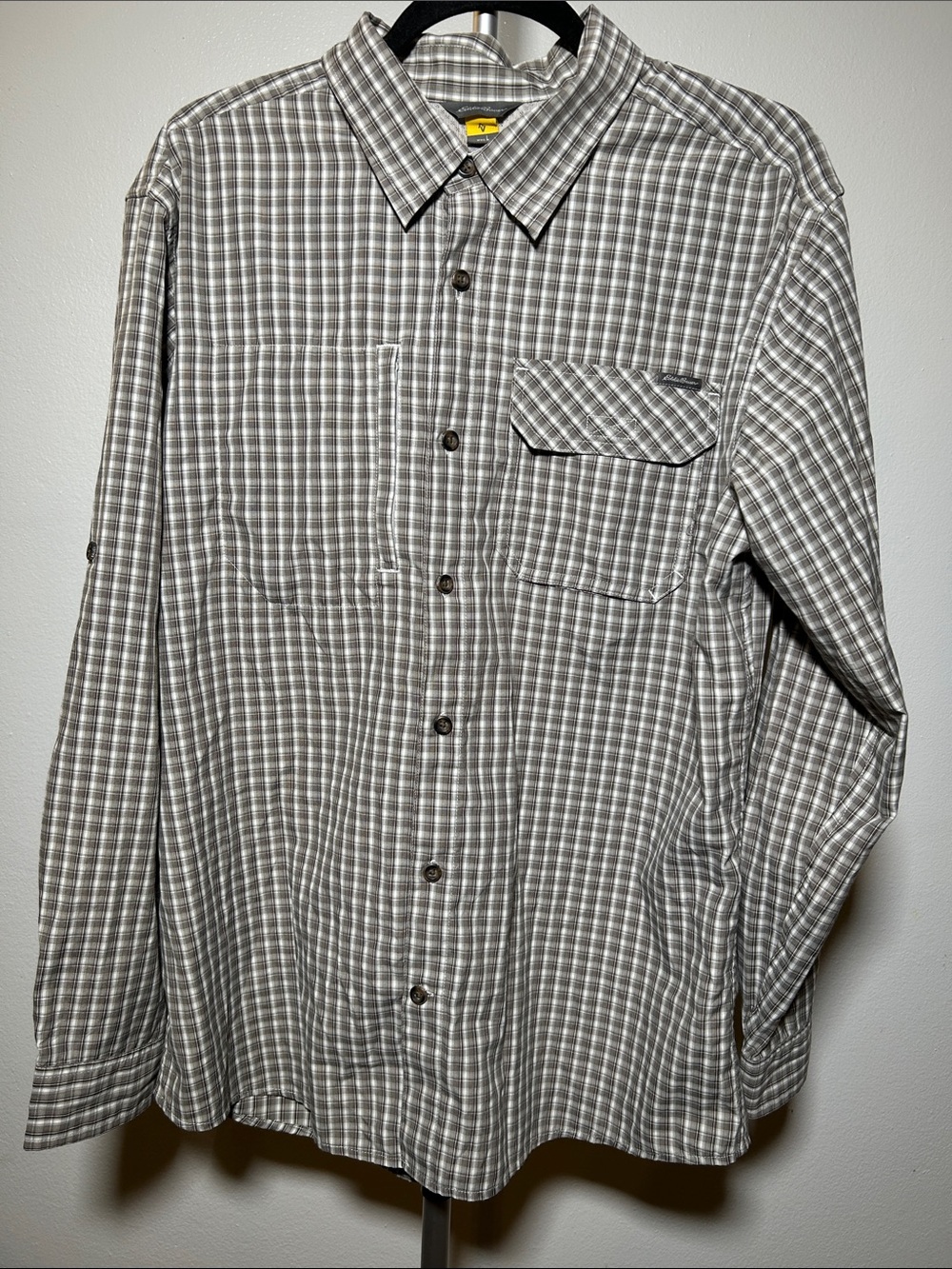 Eddie Bauer Performance Brown/Tan/Cream Plaid Long-Sleeve Button-Down Shirt Sz L